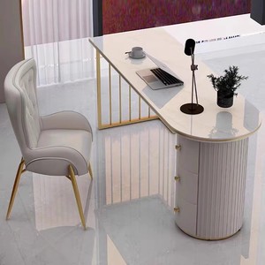 Escritorio de Oficina Moderno con Aspecto de Mármol, Mesa de Computadora Metálica, Estación de Trabajo de Recepción con Cajones para Consultorio, Salón de Belleza - Product Image 6