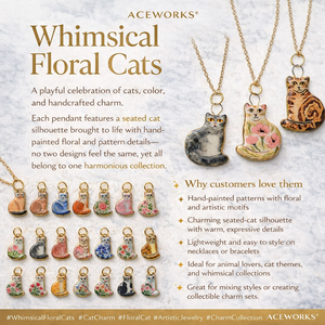 Chats floraux fantaisistes |   Pendentif chat en acier inoxydable plaqué or 18K PVD, émail peint à la main, imperméable, hypoallergénique et durable - Product Image 2