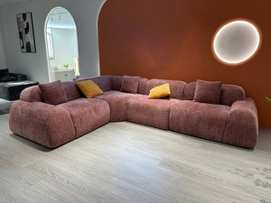 Canapé modulaire incurvé, <span class=keywords><strong>convertible</strong></span>, rembourré, en velours rose poussiéreux, en forme de L, moderne, avec coussins doux, couleur contrastée - Product Image 5