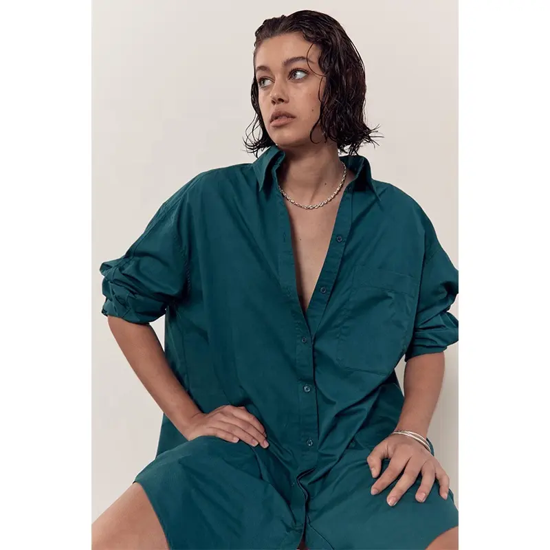 Women Custom Casual Longline Style Plain Green Cotton Poplin Plus Size Button Up Ladies Oversized Blouse Shirt