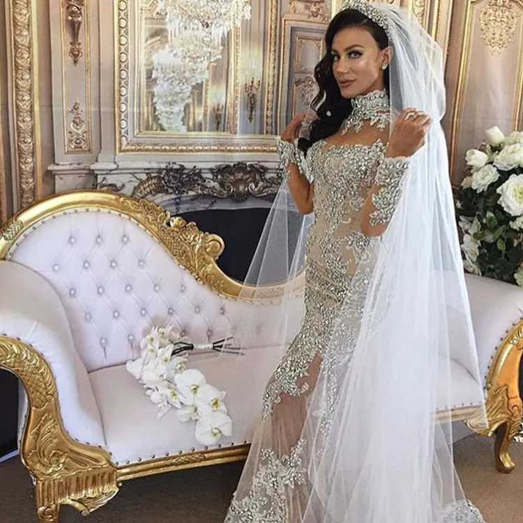 Luxury Crystal Long Sleeve Wedding Dress Muslim Mermaid Wedding Dresses Bridal Gowns With Detachable Skirt Casual Dress Women