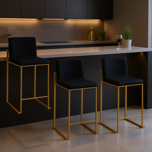 Ensemble de tabourets de bar Fuji 26 pouces à dossier haut, velours noir, structure en acier doré, design contemporain, mobilier de bar pour la maison - Product Image 2