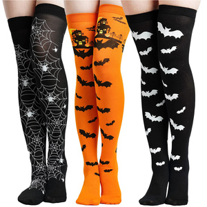 Halloween Over The Knee Stockings Women <b>Black</b> White Skull Striped Cross Pattern Transparent Costume <b>Socks</b> - Product Image 2
