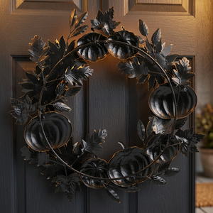 Black Metal Pumpkin <b>Wreath</b> Round Halloween Decorative Handmade Rustic Style Unlit Single Piece - Product Image 2