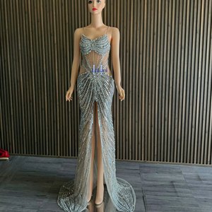 Elegant Sleeveless Mermaid <b>Dress</b> for Women Silk Material High-End Rhinestone Party Evening Gown Comfortable Anti-Wrinkle - Product Image 1
