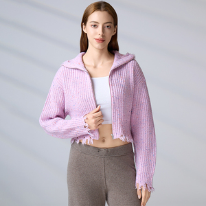High-End Customizable Streetwear Knitwear OEM/ODM Zip-Up <b>Cardigan</b> <b>Sweater</b> Women's Frayed Cropped Knit Jacket - Product Image 1