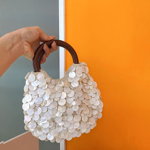 Luxo Puramente Handmade Shell Handbag Ins Tecido Saco Shell Bordado Tote Bucket <span class=keywords><strong>Bag</strong></span> <span class=keywords><strong>Round</strong></span> Wooden Handle Evening Clutch <span class=keywords><strong>Bag</strong></span> - Product Image 3
