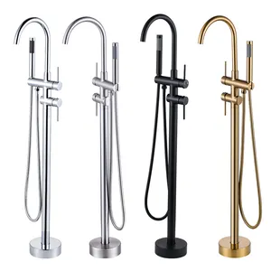 Brass Floor Stand Bathtub Faucet 360 Rotation Spout With Hand Shower Brushed Gold Bathtub Faucet