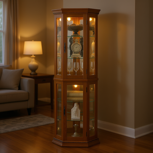 Vitrine d'angle éclairée avec porte en verre trempé, étagères réglables, ampoule à facettes incluse, meuble de présentation pour la maison - Product Image 2