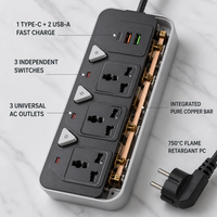 Multiprise portable personnalisée pour appareils électriques, 3 prises universelles, 2 USB, 1 port Type-C, rallonge pour la maison et le bureau