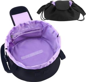 Custom Name Embroidered Lay Flat <b>Drawstring</b> <b>Makeup</b> <b>Bag</b> Large Capacity Foldable Travel Cosmetic Organizer 28x14cm - Product Image 1