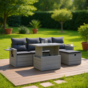 Ensemble de canapés de jardin en rotin gris avec rangement, 6 places, mobilier d'extérieur au design contemporain, structure en acier - Product Image 2