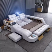 Cadre de lit King Size en bois moderne de luxe avec projecteur, massage, rangement et fonctions réglables