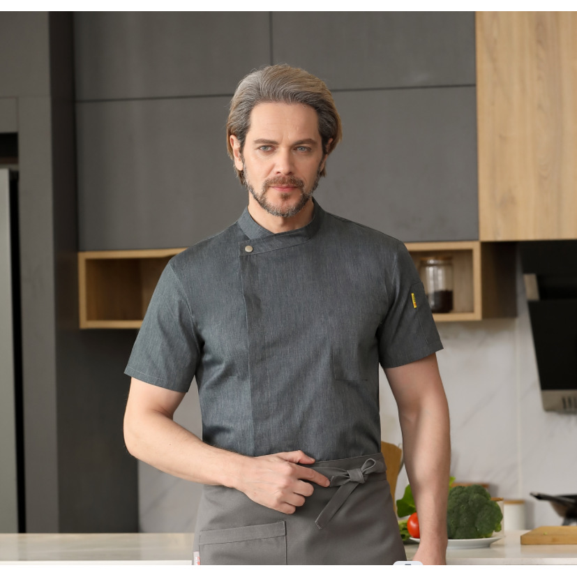 Gray short-sleeved top with a large side opening