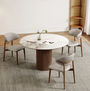Set Tavolo e Sedie da Pranzo Minimalista <span class=keywords><strong>in</strong></span> <span class=keywords><strong>Legno</strong></span> Massello e Marmo, Convertibile ed Ecologico, con Finitura Crema e <span class=keywords><strong>Piano</strong></span> Rotondo per Casa e Hotel - Product Image 1