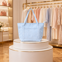 Sac à main matelassé en gingham doux avec poche avant, sac fourre-tout léger en tissu écossais Vichy pour le shopping