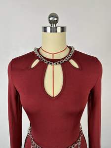 2025 nuova tuta Chic a girocollo a vita alta Slim Fit svasata da vino rosso pagliaccetto a maniche lunghe un pezzo - Product Image 3