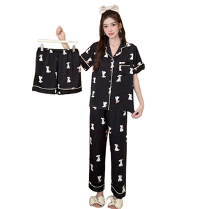 Mùa hè của phụ nữ đồ ngủ băng lụa ngắn tay áo dài quần short ba mảnh Đặt phim hoạt hình in Homewear mỏng bộ - Product Image 1