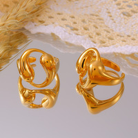 Bague ouverte ajustable double goutte d'eau creuse pour femme, en acier inoxydable plaqué or 18 carats, style statement massif