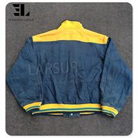 LARSUR Veste universitaire en denim pour hommes, bombardier vintage personnalisé en détresse, avec applique brodée en chenille, veste Letterman de baseball