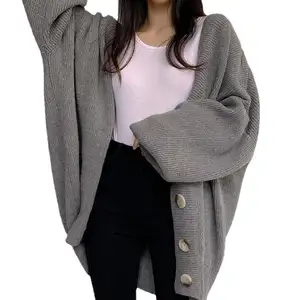 2024 Fashion fall autumn winter knitted sweater ladies loose casual cardigan women's sweaters Cardigan with lantern sleeves