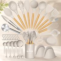 Ensemble de 36 ustensiles de cuisine en silicone antiadhésif avec manche en bois, résistants à la chaleur, cuillère, spatule, louche avec support