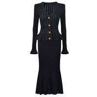 Robe mi-longue à manches longues et col en V et jupe deux pièces pour femme
