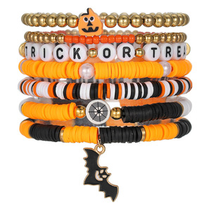 Cartoon Beaded Bracelet <b>Set</b> Halloween Accessories Multi Layered Polymer <b>Clay</b> Pumpkin Skull Charm Women's Fashion Jewelry - Product Image 5