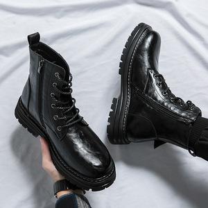 Genuine Leather Men's Mid-<b>Top</b> Boots Spring & Summer All-Match Business Work Boots Retro Trend High-<b>Top</b> Casual Leather Shoes - Product Image 1