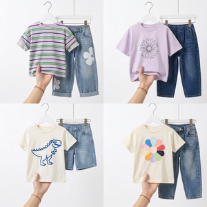 Ensemble deux pièces en jean pour garçons et filles, haut uni et jean, tailles et styles variés, vêtements en gros - Product Image 4