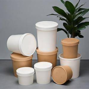 Disposable Single <b>Wall</b> Pe Coated Soup and Porridge Bucket White Kraft Paper Bowl with Lid - Product Image 6