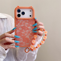Coque de téléphone antichoc ornée de diamants et de dentelle, avec nœud en strass et chaîne oreilles de chat pour iPhone 17/16 Pro Max/15 Plus/14 Pro