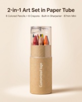 Mini kit artistique en tube kraft, 6 crayons de couleur, 6 crayons de cire, taille-crayon transparent, couvercle en bois naturel, hexagonal/rond, logo personnalisé, sérigraphie, pour enfants