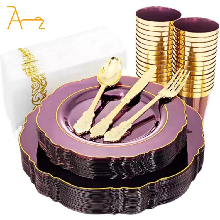 Ensembles de vaisselle en plastique jetable or et violet/bleu assiette de restaurant de fête de mariage assiettes bon marché en vrac assiette de 13''