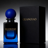 Flacon de parfum en verre bleu de luxe, design carré vide, 50 ml, 100 ml, avec couvercle en bois et emballage en boîte