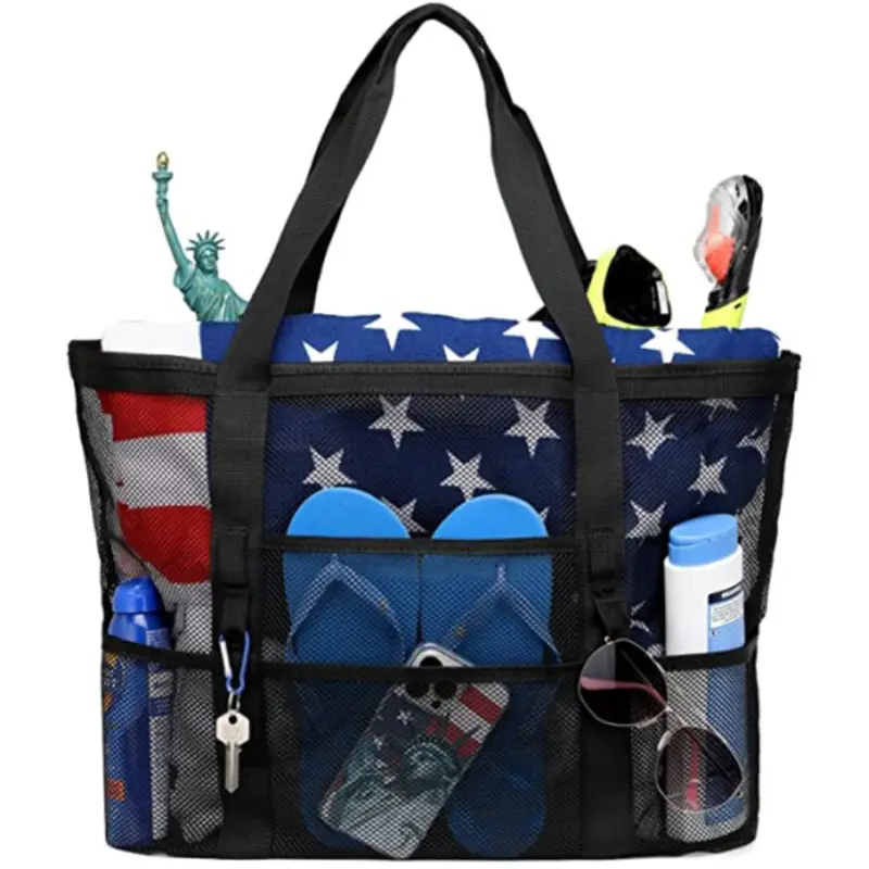 Women mesh portable beach bag shoulder bath 9 pocket travel tote beach toy bag