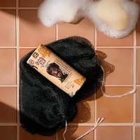 Éponge de douche exfoliante réutilisable en maille non tissée 100 % polyester avec cordon de serrage, serviette de bain à haute élasticité pour gommage corporel
