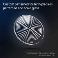 Lentille oculaire optique en verre photolithographique à motif personnalisé, revêtement métallique, 90 % de transmission, découpe laser