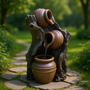 Fontaine d'eau décorative à 3 niveaux, design pot brun, pour jardin extérieur en pierre - Product Image 2