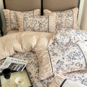 Ensemble de housse de couette à volants floraux 4 pièces, literie en coton lavé, style vintage français, housse de couette beige douce pour la décoration de la maison - Product Image 3