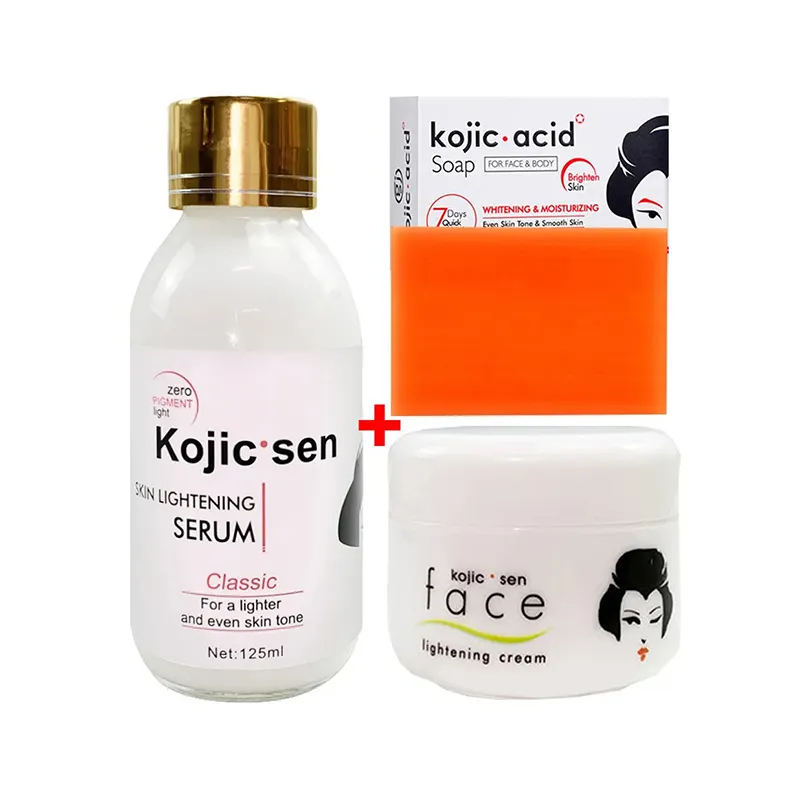 Soro Kojic Glow forte iluminador para manchas escuras e manchas teimosas e creme facial clareador com sabonete para pele negra 50g