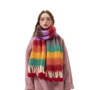 Winter Girls Loop Yarn Horizontal Stripe Rainbow Colorful Scarf Female Warm Color Blocking Blanket Cashmere Fringed Pompom Scarf