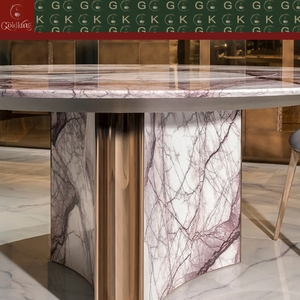 Mesa de Comedor Redonda de Alta Gama GOLDKING para Residencias, Mármol Blanco con Vetas Rosas, Base de Cuatro Pétalos, Incrustaciones Doradas, OEM ODM Directo - Product Image 6