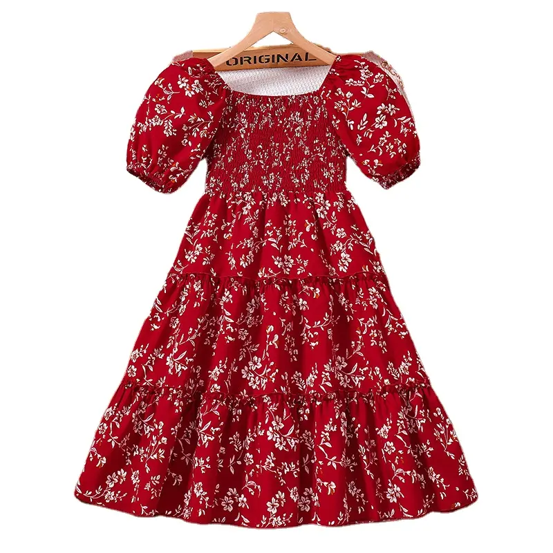Kinderbekleidung 2024 neues blumiges kurzarm-Kleid Schlussverkauf europäische und amerikanische Boutique-Kinderbekleidung Freizeitkleid