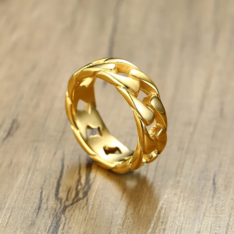 Venda quente de aço inoxidável mens anéis alta polido prata ouro preto chapeamento miami cuban link chain dedo anel para homens