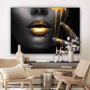 MuchoWow Art mural sur <span class=keywords><strong>toile</strong></span> moderne noir et or avec visage et lèvres, 120x80cm, décoration pour salon et chambre, cadeau - Product Image 5