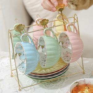 盛开的栀子花南瓜形花粉色茶具2杯茶碟优雅陶瓷咖啡杯 - Product Image 3