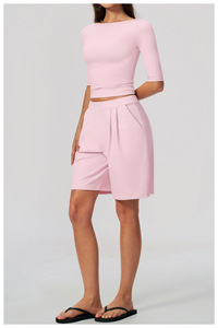 Conjunto de 2 Piezas para Mujer, Verde Oliva a Rayas, Top Corto sin Mangas, Pantalones Cortos de Cintura Alta, Casual, Transpirable, Poliéster, Ropa de Primavera/Verano - Product Image 3