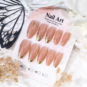 Faux ongles courts en amande à presser, motif étoile 3D dorée, nude minimaliste, réutilisables, <span class=keywords><strong>manucure</strong></span> de luxe quotidienne, vente en gros - Product Image 3