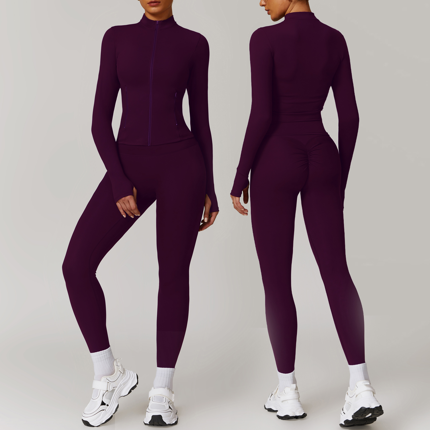 Long Sleeve Trousers Yoga Suit Quick-Drying Breathable Solid Elastic Waist Fitness Wear for Outdoor Training Running Sports
